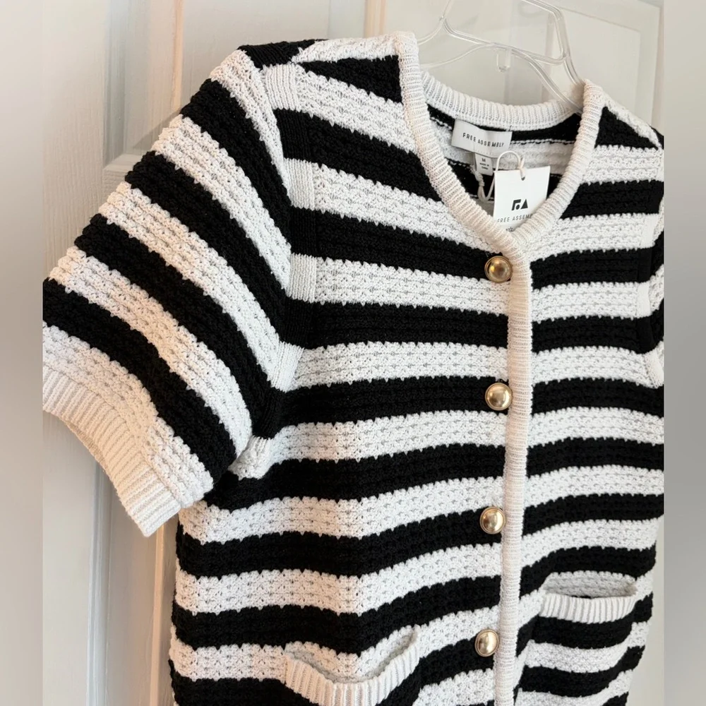Striped Knit Cardigan Black White with Gold Buttons Size M - Picture 2 of 11